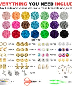 Redtwo 6200 Pcs Clay Beads Bracelet Making Kit, Flat Round Polymer Heishi Friendship Bracelet Jewelry Kit with Charms and Elastic Strings for Girls 8-12 Gifts for Kids 16 710mPyjuDL