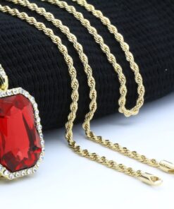 Mens 14k Gold Plated Iced Out Red Ruby Octagon Hip Hop Pendant with 3mm 24" Rope Chain M3 14 71121W67i L
