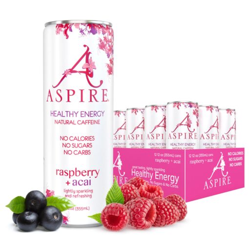 Aspire Healthy Energy Drink with Natural Caffeine - No Calories, Sugar and Carbs | Vitamins B, C, & Biotin | No Preservatives, Gluten Free | Suitable for Vegan, Kosher, Keto-Friendly |12 oz can, Raspberry Acai, 12 Fl Oz (Pack of 12) 12 Pack (12 Fl Oz)