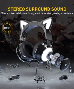 SOMIC GS510 Gaming Headset, Cat Ear Headset PC Gaming Headphones with Retractable Mic Noise Cancelling, Stereo Sound, DIY Face Covers for PC, PS4, PS5,Xbox One(Only White LED Light) Wired Black 14 71173ON13fL