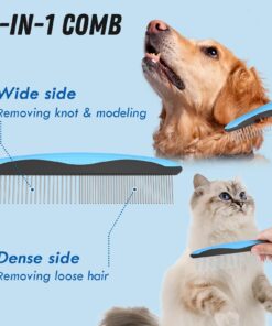 Pet Grooming Brush and Metal Comb Combo, Cat Brush Dog Brush for Shedding, Undercoat Rake for Dogs Grooming Supplies, Dematting Deshedding Brush Dogs Shedding Tool for Long matted Haired Pets, Blue 19 711Alv9O3NL