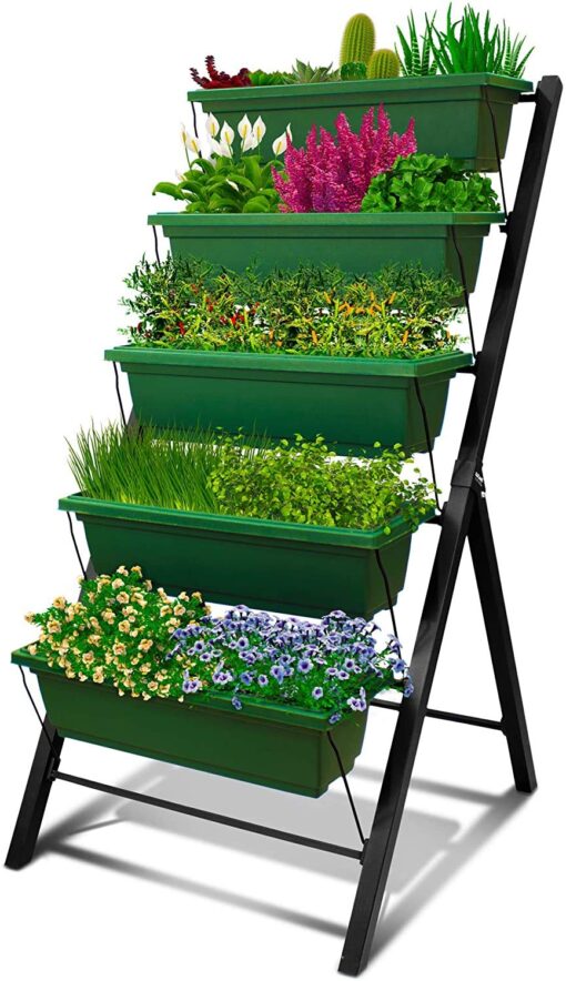 4Ft Vertical Raised Garden Bed - 5 Tier Food Safe Planter Box for Outdoor and Indoor Gardening Perfect to Grow Your Herb Vegetables Flowers on Your Patio Balcony Greenhouse Garden Forest Green