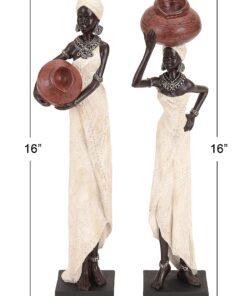 Deco 79 Polystone Woman Standing African Sculpture with Red Water Pots and Black Base, Set of 2 16"H, 4"W, Cream 31 711FI3G7csS