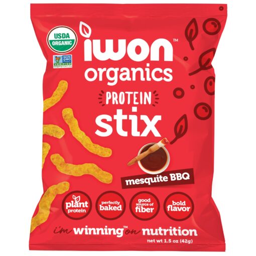 IWON Organics Mesquite BBQ Flavor Snack Stix, High Protein and Organic Healthy Snacks, 8 Bags, 1.5 Ounce