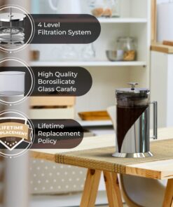 The Original Glass French Press Coffee Maker - Versatile Coffee Press, Tea Press w/ 4 Level Filtration, BPA Free French Press Stainless Steel Coffee Maker by Cafe Du Chateau (34oz) 35 711PS0PAv7L