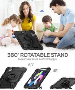 SEYMAC iPad Air 5th/ 4th Generation Case 10.9 Inch, Full-Body Shockproof Protective with Screen Protector, 360° Rotating Stand/Handle/Shoulder Strap/Pencil Holder, Black For iPad Air 5th/4th Generation 26 711V4NrljuL