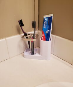 mDesign Plastic Toothbrush Storage Organizer Holder with Cup for Bathroom, Vanity, Countertop Space - Holds Brushes, Toothpaste, Floss, Dental Accessories - White/Satin 29 711ZssmraIL