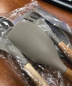 Miusco Non-Stick Silicone Kitchen Utensils Set with Natural Acacia Hard Wood Handle, 5 Pieces, Grey, BPA Free, Baking, Serving and Cooking Utensils Gray 44 711aZeqxTbL