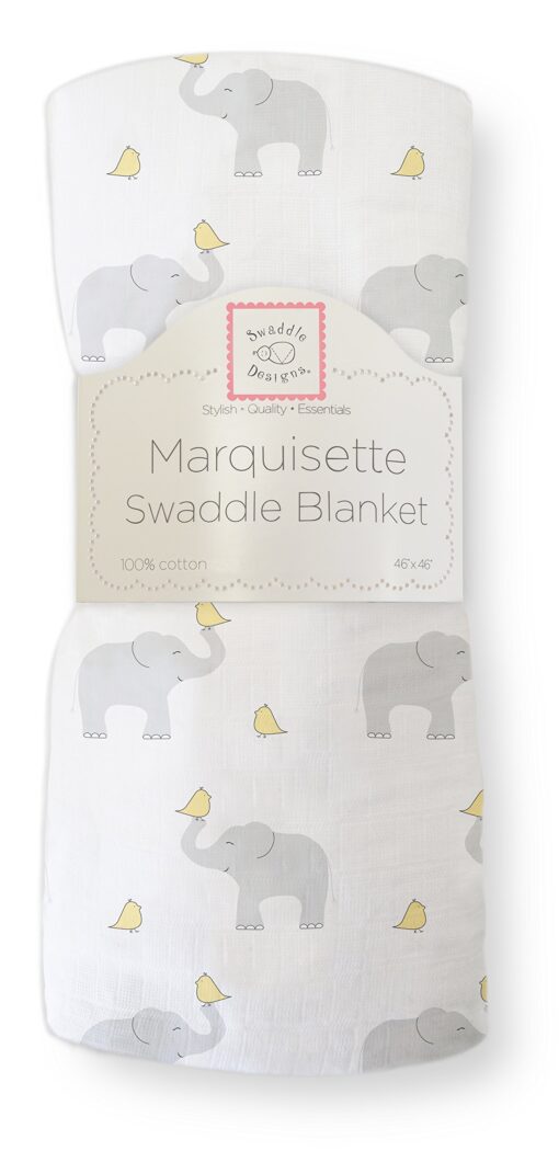 SwaddleDesigns Marquisette Swaddling Blanket, Premium Cotton Muslin, Elephant and Pastel Yellow Chickies