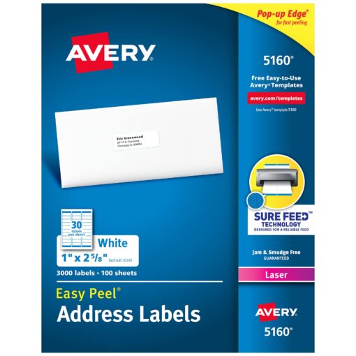 Avery 5160 Easy Peel Address Labels , White, 1 x 2-5/8 Inch, 3,000 Count (Pack of 1) 3000 labels