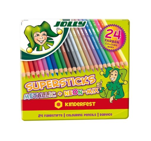 Jolly Supersticks Premium European Metallic and Neon Colored Pencils with Tin Carrying Case; Set of 24; Perfect for Adult and Kids Coloring 24 Count (Pack of 1)