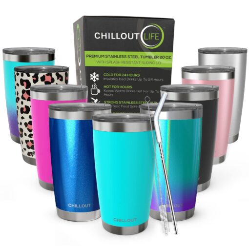 CHILLOUT LIFE 20 oz Stainless Steel Tumbler with Lid - Double Wall Vacuum Insulated Coffee Mug with Splash Proof Lid and Straw for Hot & Cold Drinks, Powder Coated Teal (1 Unit) 20oz (pack of 1) Aqua Blue