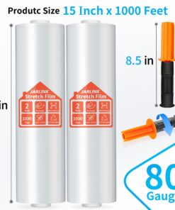 JARLINK Stretch Film, 80 Gauge,15 Inch x 1000 Feet Shrink Wrap for Pallet Wrap, Industrial Strength Stretch Wrap up to 800% Stretch with Handles, Moving Wrapping Plastic Roll, 2 Pack 12 711rNoOtcwL