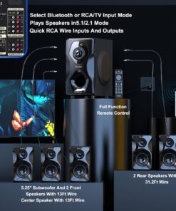 Bobtot Surround Sound Speakers Home Theater Systems - 700 Watts Peak Power 5.1/2.1Wired Stereo Speaker System 5.25" Subwoofer Strong Bass with Bluetooth HDMI ARC Optical Input 15 712 VavYYKL