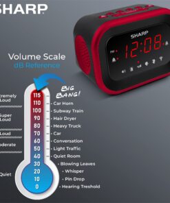 SHARP Big Bang Super Loud Alarm Clock for Heavy Sleepers, 6 Extremely Loud Wake Up Sounds: Rooster, Bugle, Nagging Mom, Jackhammer, Siren, Beep – Up to 115db Volume, Red/Black with Red LED Display 18 71246JcfCfL