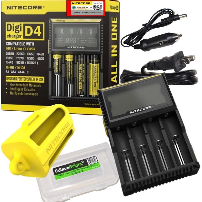 Catalog 5 EdisonBright Nitecore D4 Digital Smart Battery Charger for Li-ion Ni-MH Ni-CD with 12V DC Car Adapter, NBM40 18650 Battery Magazine Battery Carry Case