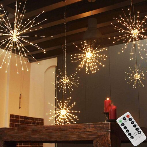 200LED Hanging Sphere Lights, Battery Operated Starburst Lights, 8 Modes Dimmable Remote Control, Waterproof Fairy Lights, Copper Wire Lights, Indoors Outdoors Christmas Decoration (Warm White) 1 Pack Warm White