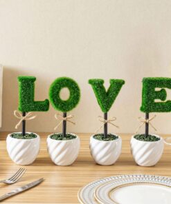 Alternative view of MyGift Set of 4 Decorative Artificial Sculpted Topiary Hedge Planter with Lettering That Spell Love in White Ceramic Pots