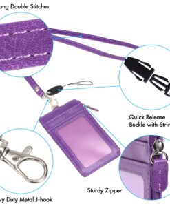 Badge Holder with Zip, Wisdompro School Supply 2-Sided Vertical PU Leather College ID Badge Holder with 1 ID Window, 4 Card Slots, 1 Side Zipper Pocket and 20 Inch Leather Neck Lanyard Strap - Purple 13 712opD9NRsL