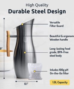 Invigorated Water pH Vitality Alkaline Water Filter Pitcher for Drinking Water Stainless Steel - Water Pitcher with Filter for Tap Water, High pH Filtered Purifier with Alkaline Filter - 1.9L (Silver) Silver 19 712rrq71mL