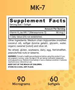 Jarrow Formulas MK-7 90 mcg - Bioactive Form of Vitamin K2 - 60 Servings (Softgels) - For Bone & Cardiovascular Health - Vitamin K2 MK-7 Dietary Supplement - K2 Vitamin Supplement MK-7 - Gluten Free 60 Servings (Pack of 1) 22 712vofBhRDL 1