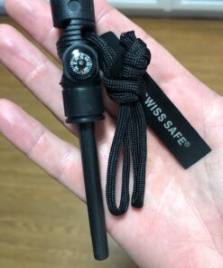 Swiss Safe 5-in-1 Fire Starter with Compass, Paracord and Whistle (2-Pack) for Emergency Survival Kits, Camping, Hiking, All-Weather Magnesium Ferro Rod Black 25 712zJvOtTuL
