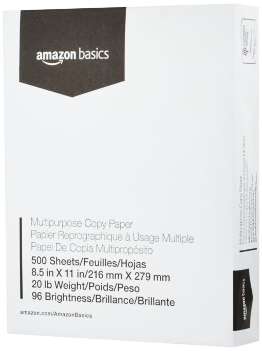 Amazon Basics Multipurpose Copy Printer Paper, 20 Pound, White, 96 Brightness, 8.5 x 11 Inch, 1 Ream , 500 Sheets Total 1 Ream | 500 Sheets