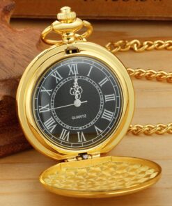 Realpoo Both Sides Gold Carved Flower Quartz Pocket Watch Quartz Movement, Quartz Pocket Watches with Chain Clip for Men-Gold 10 7134Ae7pxBL