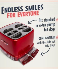 Nostalgia 4 Slot Hot Dog and Bun Toaster with Mini Tongs, Hot Dog Toaster Works with Chicken, Turkey, Veggie Links, Sausages and Brats, Metallic Red Hot Dog Toaster Red 4 Slot 11 7138x93lmDL