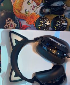 EASARS Wireless Cat Ear Headphones, Black Gaming Headset Bluetooth 5.0 for Smartphone, Retractable Mic, 50mm Drivers, RGB Lighting Headset with Mic (USB Dongle Not Included) 17 713GsB7pkL