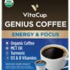 VitaCup Genius Keto Coffee Pods with MCT Oil, Turmeric and Vitamins B1, B5, B6, B9, B12, D3 for Energy & Focus in Recyclable Single Serve Pod Compatible with K-Cup Brewers Including Keurig 2.0 Genius + MCT 16 Count (Pack of 1) 46 713JLyYT9jL 2
