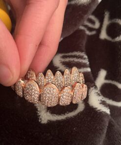 TSANLY Gold Grillz Iced Out CZ Diamond Top & Bottom Set Grill 24K Gold Plated Macro Pave Teeth Grills - Extra Molding Bars Included + Storage Case + Microfiber Cloth Rose Gold 15 713Mn6ywZfL