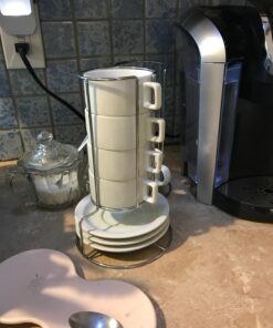 HIC 9-Piece Stackable Cappuccino Coffee Tea Set, Fine White Porcelain, Set Includes 4 (7-Ounce) Cups with Matching Saucers and Metal Stand, Gift Boxed 22 713NkZ3lfzL