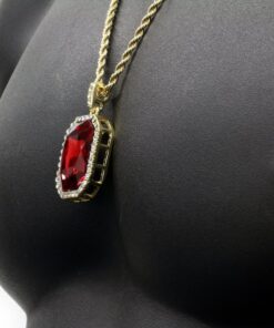 Mens 14k Gold Plated Iced Out Red Ruby Octagon Hip Hop Pendant with 3mm 24" Rope Chain M3 12 713OPt3KZGL