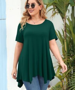 LARACE Short Sleeve Shirts for Womens Plus Size Tops Casual Summer Clothes Asymmetrical Tunic Blouses Dark Green 1X 11 713OotJFWVL