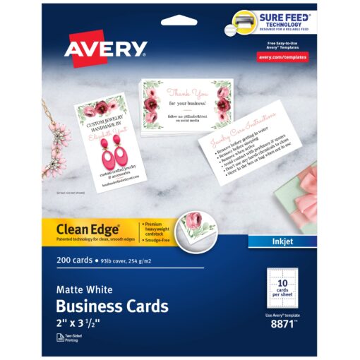 Avery Printable Business Cards, Inkjet Printers, 200 Cards(Pack of 1), 2 x 3.5, Clean Edge, Heavyweight (8871) Matte White