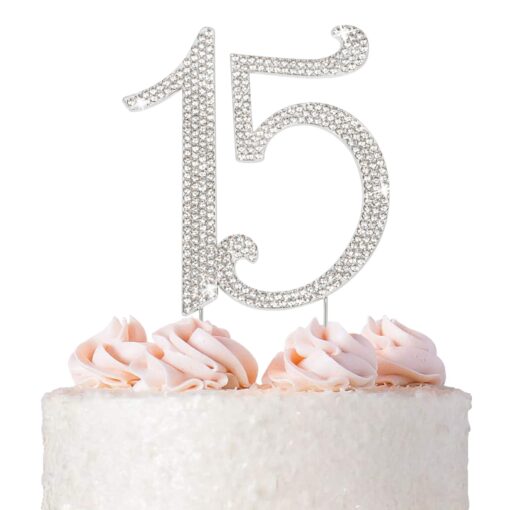 15 Cake Topper - Premium Silver Metal - 15th Birthday or Anniversary Party - Sparkly Rhinestone Quinceanera Cake Topper Decoration Makes a Great Centerpiece - Now Protected in a Box