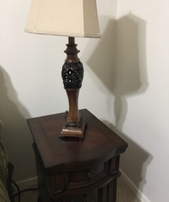 Regency Hill Exeter Traditional Style Table Lamps 30" Tall Full Size Set of 2 Bronze Wood Carved Leaf Creme Rectangular Bell Shade Decor for Living Room Bedroom House Bedside Nightstand Office 34 713sn3rmwGL 3