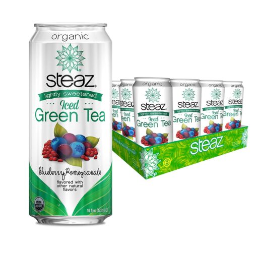 Steaz Organic Lightly Sweetened Iced Green Tea, Blueberry Pomegranate, 16 OZ (Pack of 12) 16 Fl Oz (Pack of 12)