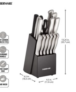 Alternative view of Farberware 5152497 15-Piece High-Carbon Stamped Stainless Steel Kitchen Knife Set with Wood Block, Steak Knives, Razor-Sharp, Black