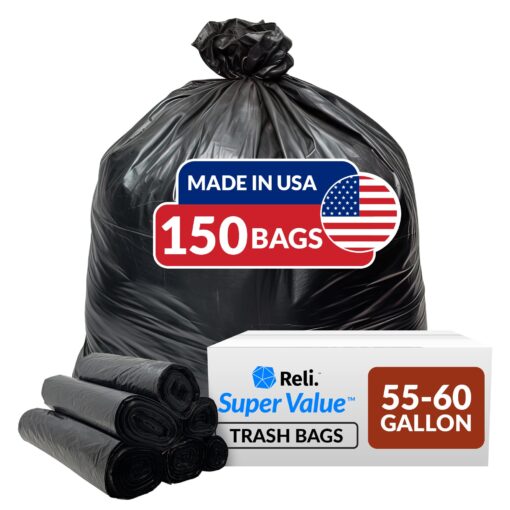 Reli. 55-60 Gallon Trash Bags Heavy Duty | 150 Bags | 50-60 Gallon | Large Black Garbage Bags | Made in USA 150 60 Gallon (Pack of 1)