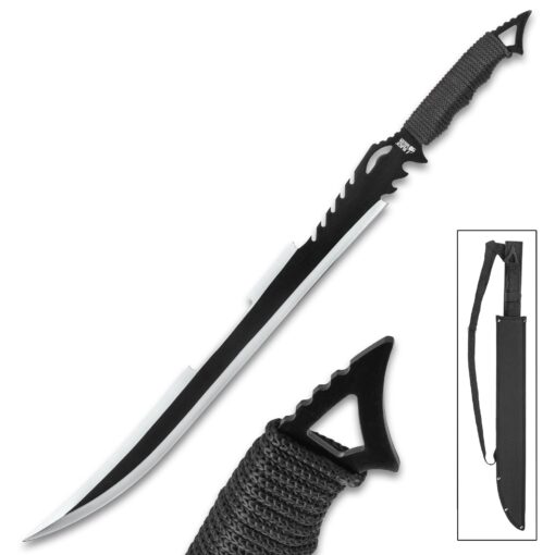 Black Legion Death Stalker Sword with Nylon Sheath – Black Stainless Steel, Ergonomic Black Cord Wrapped Handle, Fang-Like Cutouts – Savage and Beautiful Piece of Weaponry - 25 3/4" Overall