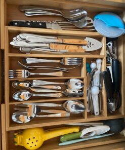 Expandable Bamboo Silverware Organizer - Kitchen Drawer Organizer, Utensil Holder - Drawer Organization and Storage in Kitchen, Bathroom or Bedroom, 17” Long, Adjustable from 13” - 22.2” Wide, 2” Deep 34 7148OSf9zL