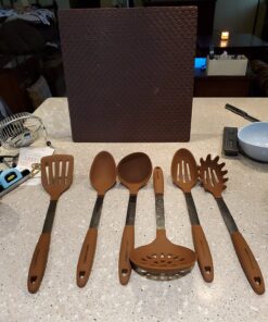 Culinary Couture 6-Piece Stainless Steel & Silicone Kitchen Utensils Set, Silicone Cooking Utensils, Heat Resistant Kitchen Cooking Utensils Set, Includes a Bonus Recipe E-Book, Brown 6 Piece - Large 21 714EUqmQXIL 1