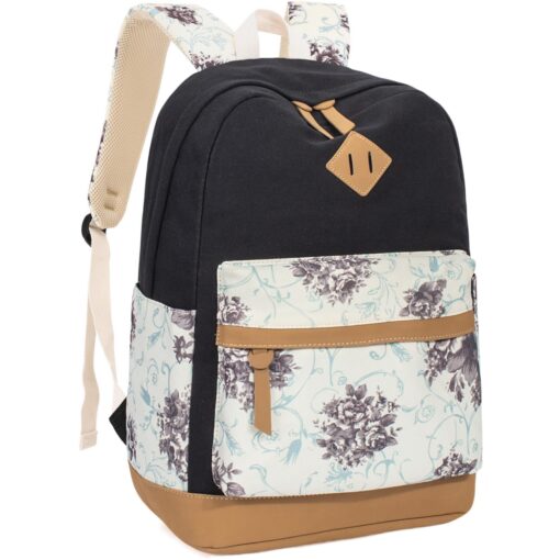 Leaper Girls Cute Floral Canvas Backpack Laptop Backpack Casual Shoulder Bag Satchel Daypack Black Black-floral