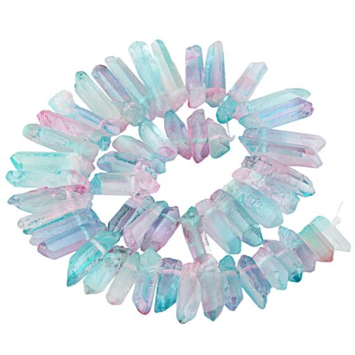 SUNYIK Pink/Blue Titanium Coated Crystal Points Quartz Rough Sticks Spikes Point Beads 15 inch Strand Drilled 0.5"-1.6" Pink/Blue(Rough)