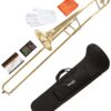 Mendini by Cecilio Trombone Kit - Bb Tenor Brass Instruments for Kids, Beginners w/Case & Gloves Gold + Tuner