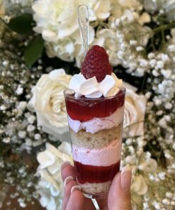 DLux 50 x 3 oz Mini Dessert Cups with Spoons, Shooter - Clear Plastic Parfait Appetizer Cup - Small Reusable Shot Glass for Tasting Party Shooters Desserts Appetizers - With Recipe Ebook 50 cups + 50 spoons 31 714U5h1tFL