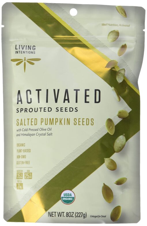 Living Intentions Organic Sprouted Pumpkin Seeds: Salted – NonGMO – Gluten Free – Vegan –Kosher – Paleo - 8 Ounce Unit Salted Pumpkin Seeds 8 Ounce (Pack of 1)