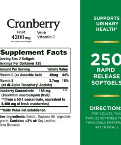 Nature's Bounty Cranberry 4200mg With Vitamin C, Urinary Health & Immune Support, Cranberry Concentrate, 250 Rapid Release Softgels 250 Count (Pack of 1) 24 714Y5rri90L